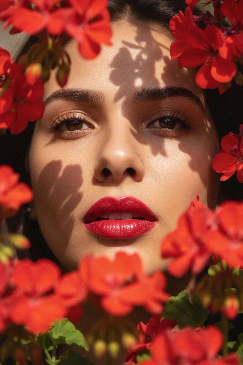 NISREEN HAMMOUD beauty portrait framed by red flowers
